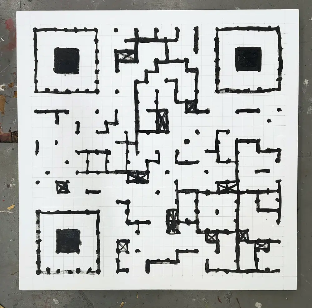 Painterly sketch and process image of the QR code artwork